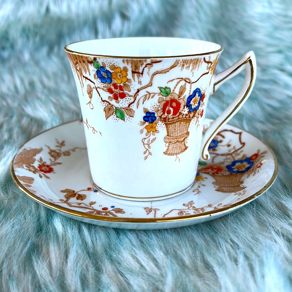 Vintage Phoenix China Tea Cup and Saucer. Hanging Flower Basket Pattern